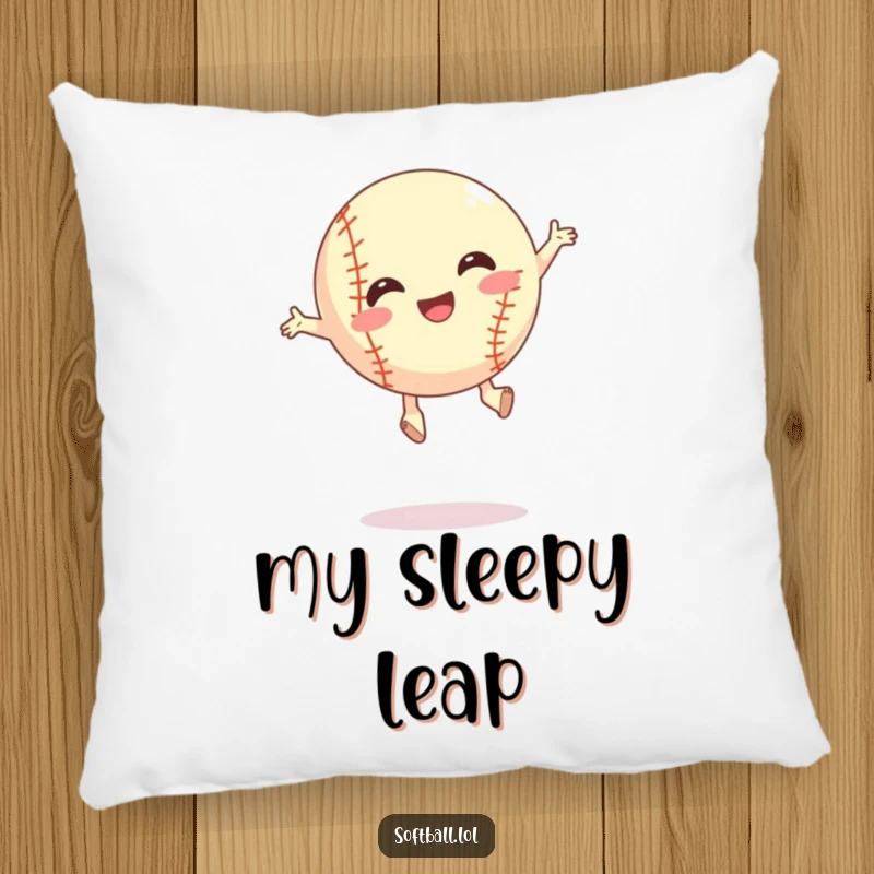 Funny silly jump softball pillow, depicted mid-jump with joy, ideal for a funny gift and cozy decor.