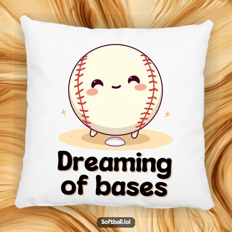 Funny softball pillow featuring a joyful softball character rolling with glee around the bases, adding comfort and humor.