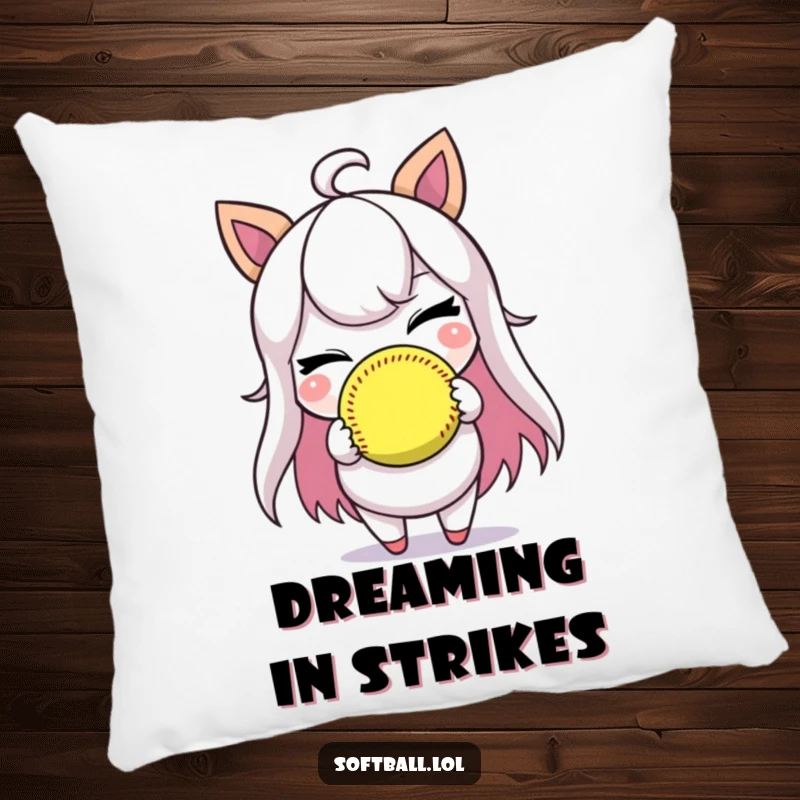 Funny pillow featuring a character winking while holding a softball, bringing comfort and playful humor.