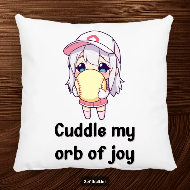 Funny character holding a softball as a prized possession on a decorative pillow, adding sporty and humorous flair.