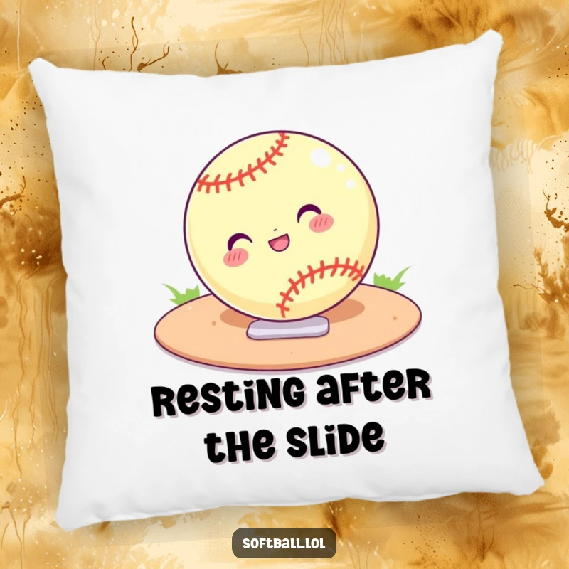 Funny accent pillow showing a cartoon softball confidently sliding into home plate. A comfortable and humorous sports decor item.