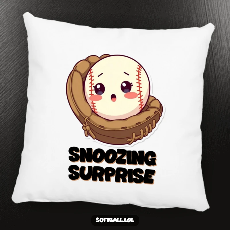 Funny Pillow featuring a surprised softball popping out of a mitt, offering soft comfort and humorous sports flair.