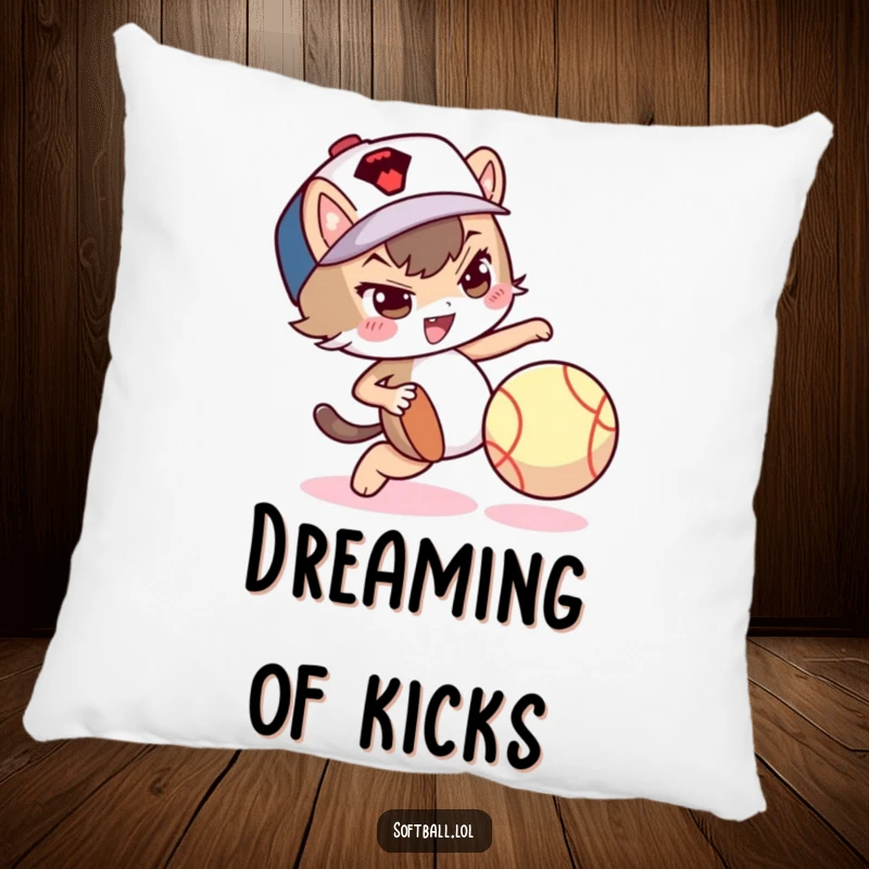 Funny pillow with a mischievous character dribbling a softball with its foot, perfect for comfort and humor.