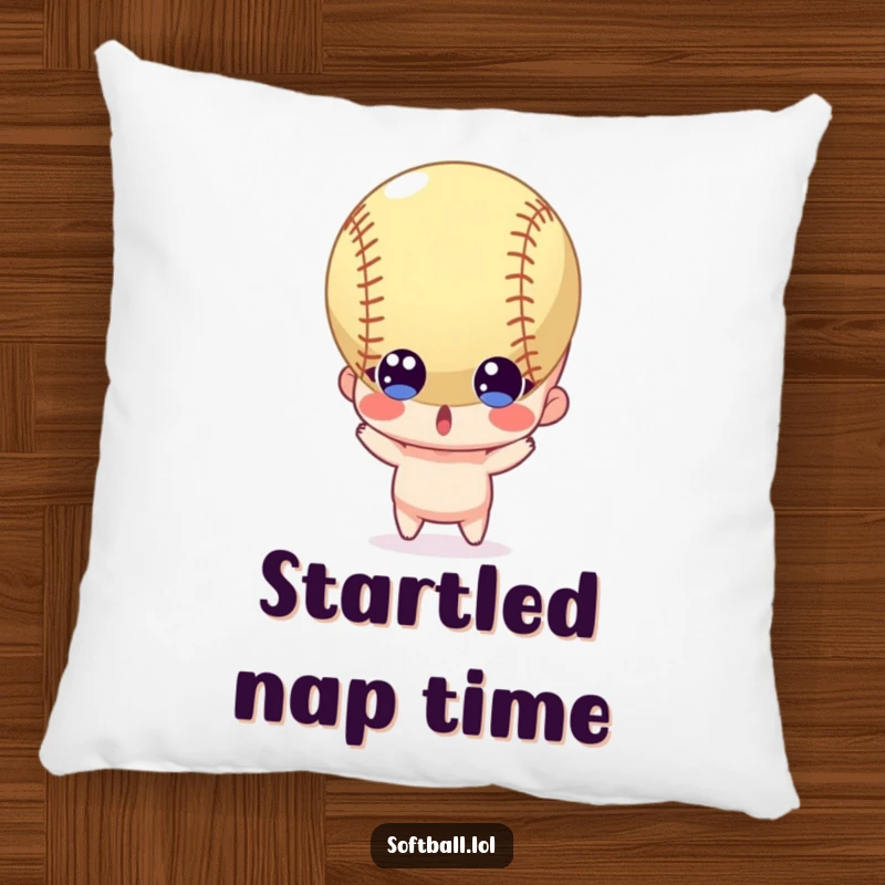 Funny pillow featuring a surprised character with wide eyes reacting to an incoming softball, offering comfort and humor.