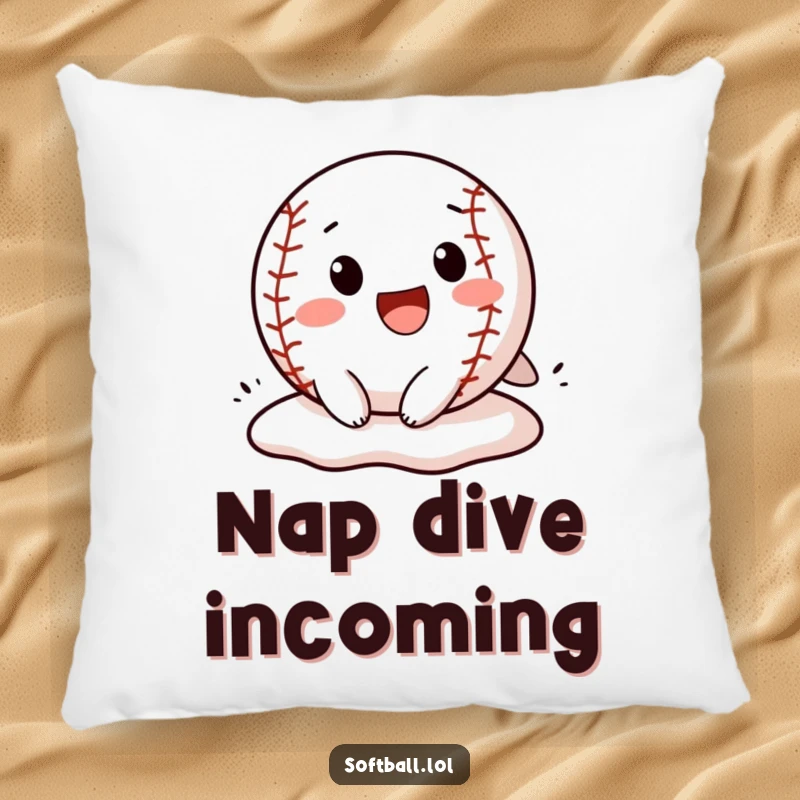 Funny softball pillow with a cheerful character sliding headfirst into a base, providing comfort and a humorous visual.