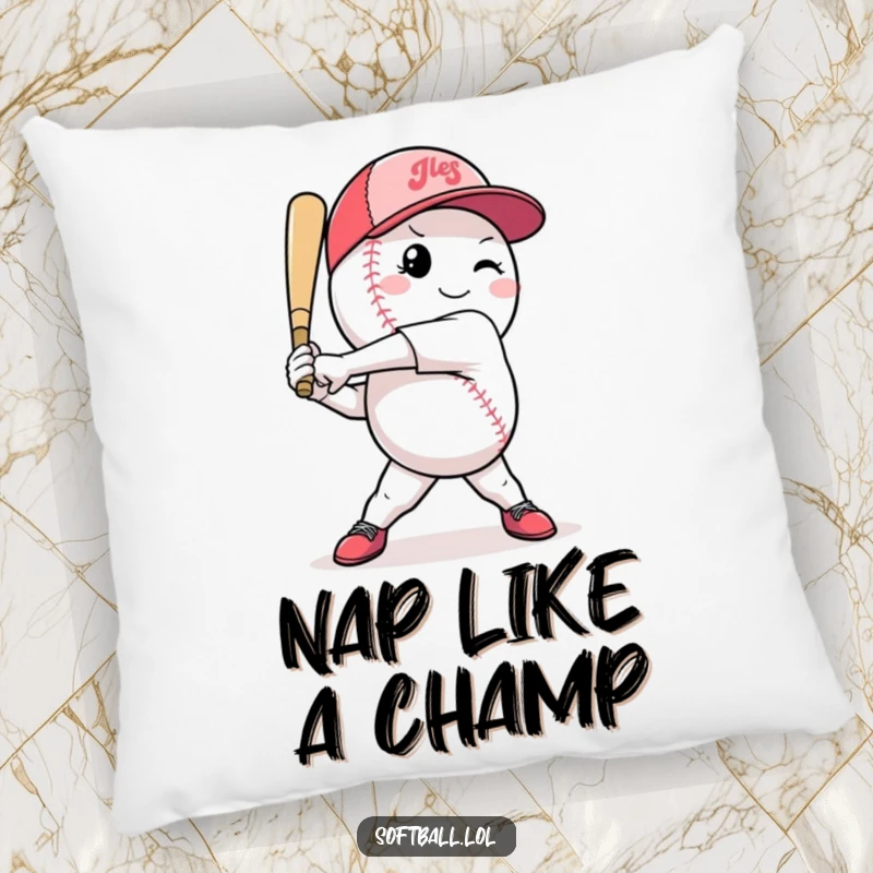 Funny softball pillow featuring a confident character mid-swing, offering comfort and a humorous touch to any room.