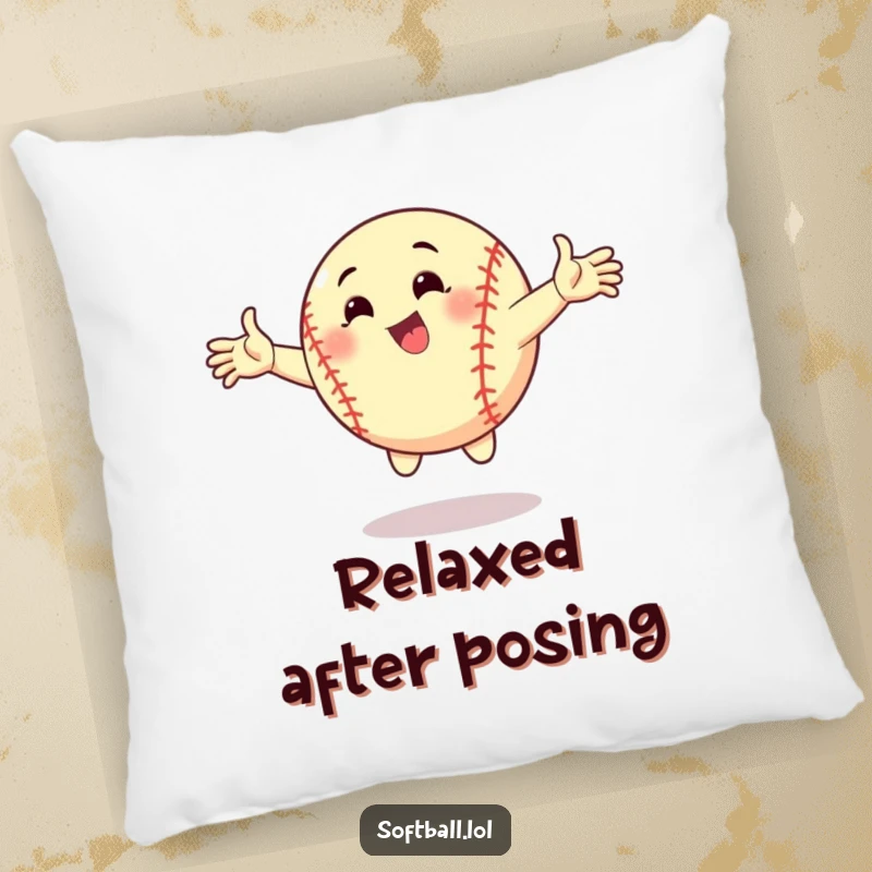 Funny accent pillow showing a cartoon softball striking a dynamic pose with arms outstretched. A comfortable and humorous decor item.