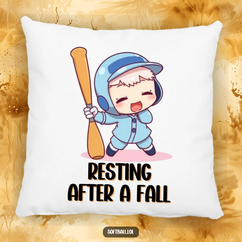 Funny pillow showing a character comically tripping over a baseball bat, soft and plush with humorous slapstick art.