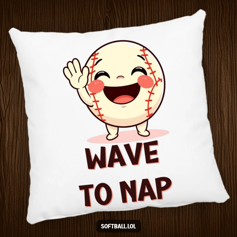 Funny softball pillow featuring a character waving enthusiastically with a bright, happy smile, perfect for adding cheer.