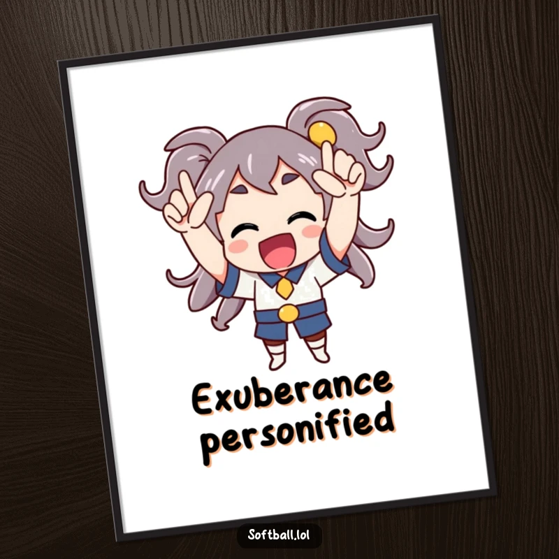 Funny digital art print of a character cheering enthusiastically with arms raised, perfect for instant celebratory decor.