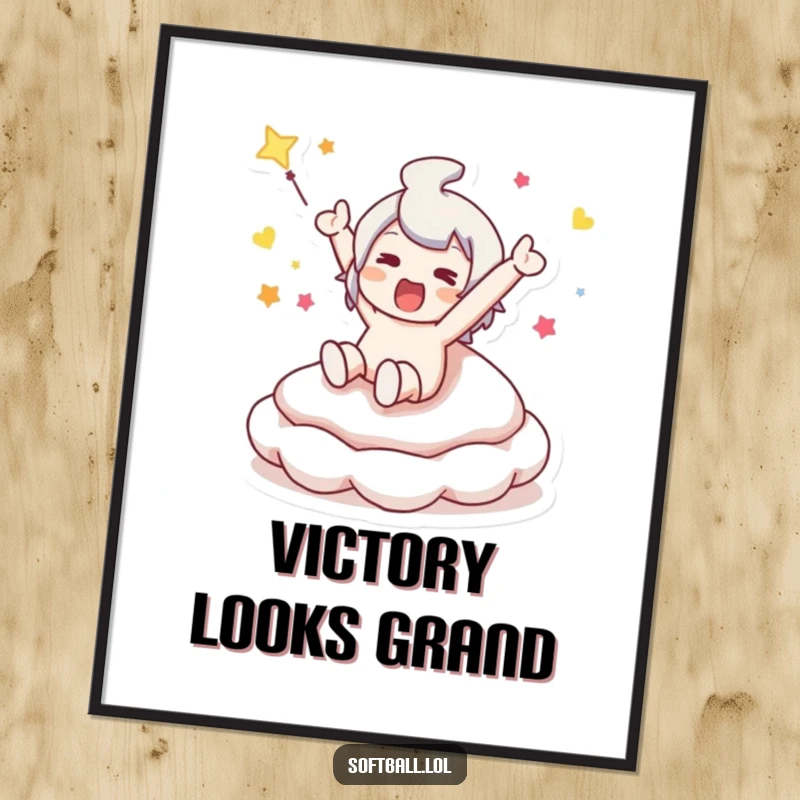 Funny digital art print of a character sliding into a bouncy base, embodying the joy and humor of a sports celebration.