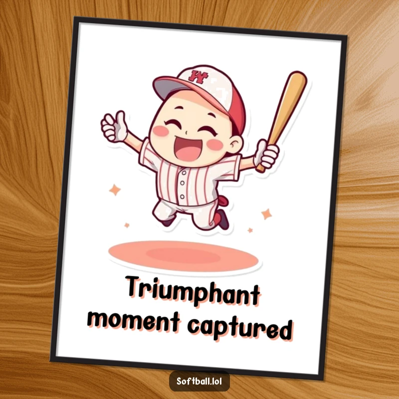 Funny digital art print of a happy character celebrating a baseball home run with a triumphant jump, embodying athletic triumph.