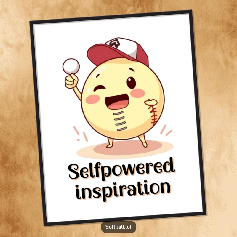 Funny digital art print of a softball with a spring, hilariously attempting to pitch itself, perfect quirky wall decor.