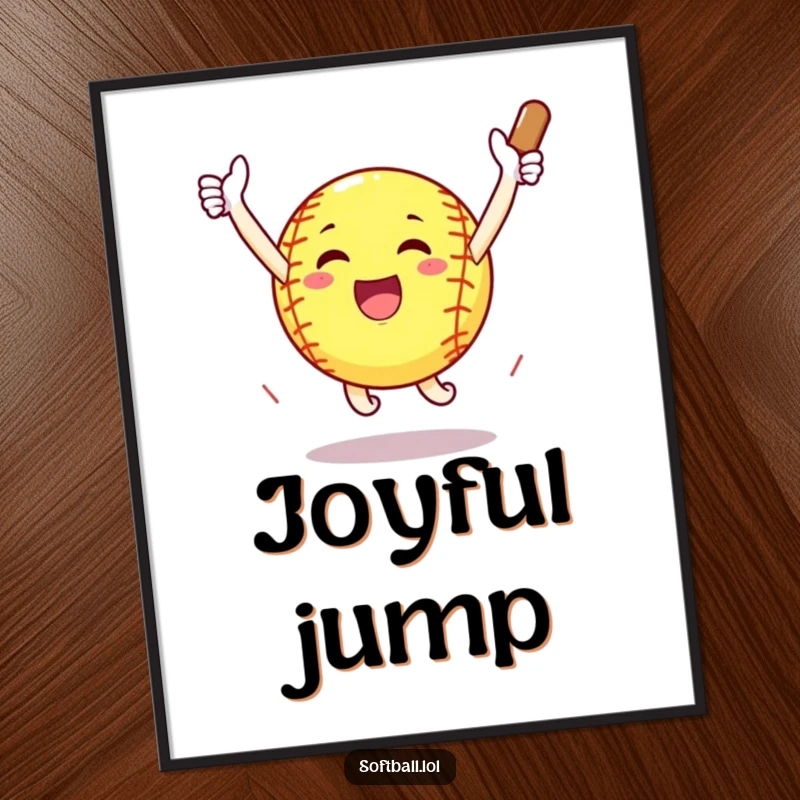 Funny softball arms outstretched celebrating a home run with a jump, vibrant and humorous digital art
