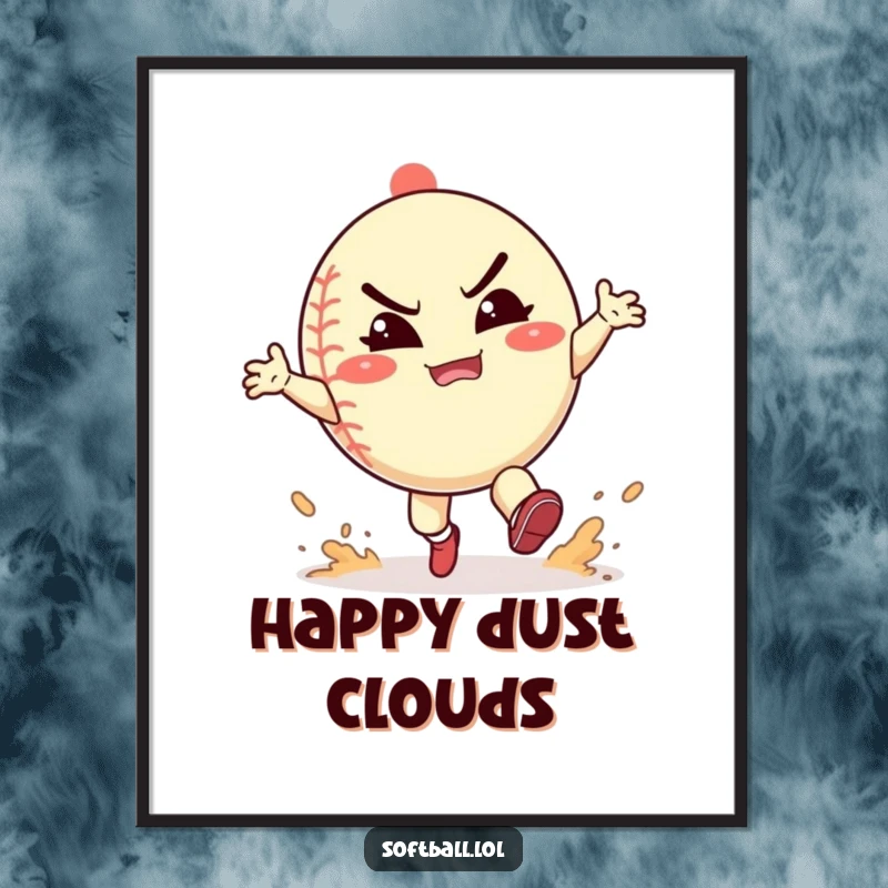Funny softball digital art print of a character playfully kicking up dust with a happy grimace, capturing spirited action and humor.