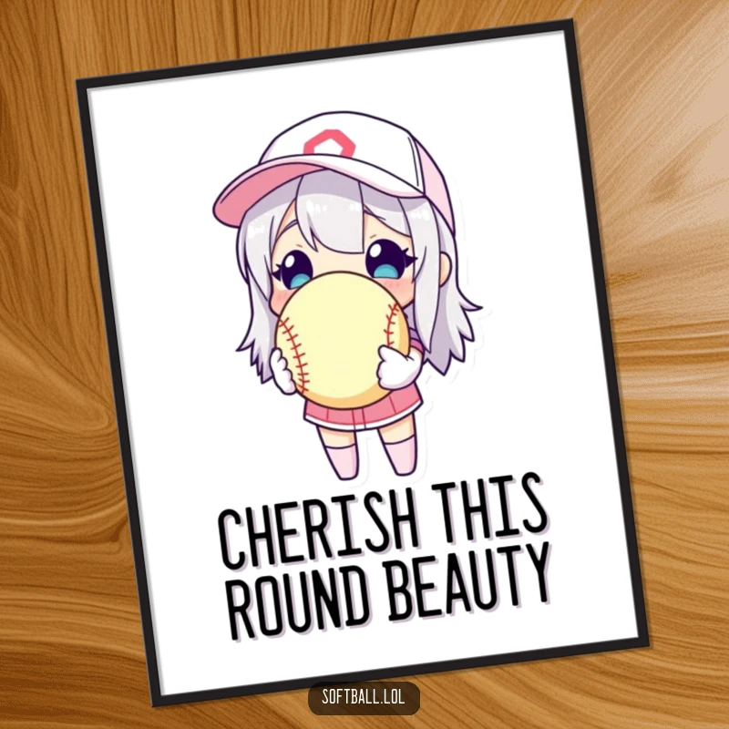 Funny character holding a softball as a prized possession, depicted in a digital art print, perfect for humorous sports decor.