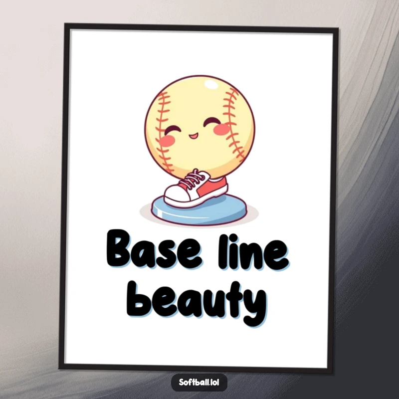 Funny softball wearing tiny sneakers sliding into a base with a flourish, humorous digital sports artwork