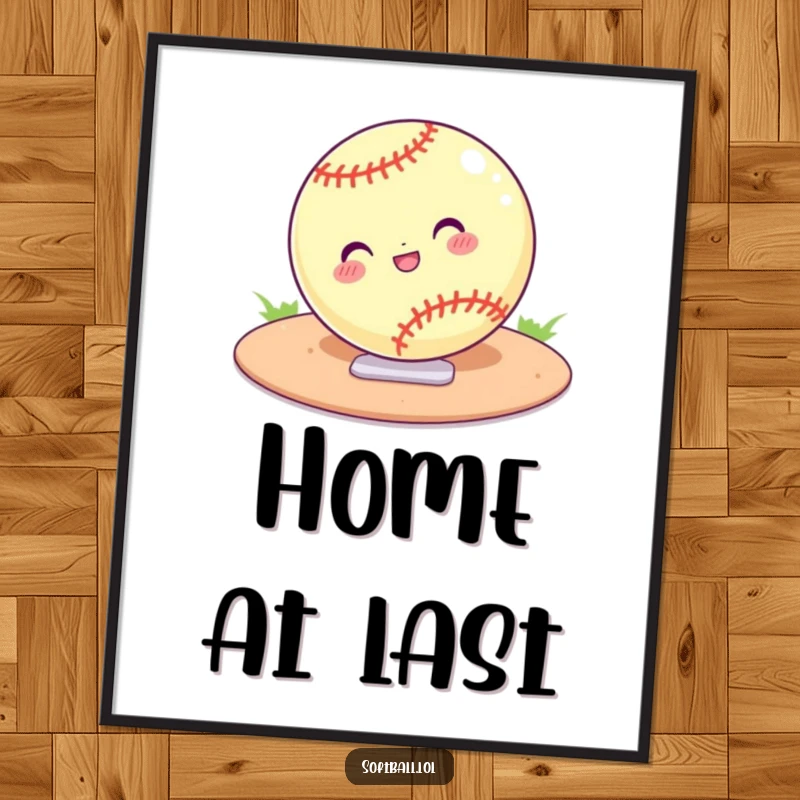 Funny digital art print of a softball confidently sliding into home plate. High-quality, humorous artwork for instant decor.
