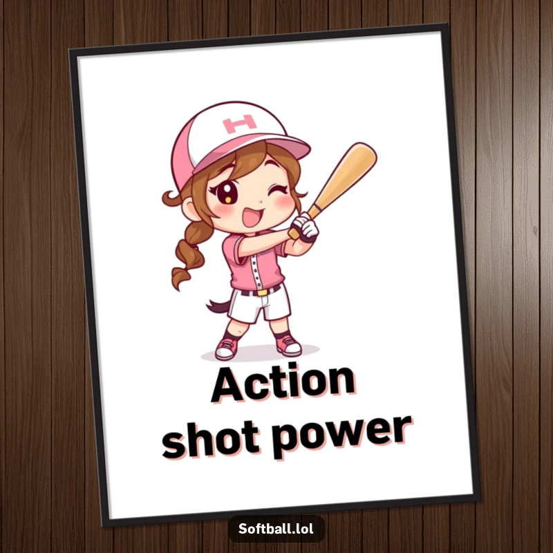 Funny digital art print of a happy character in a softball uniform swinging a bat with gusto, perfect for sporty decor.