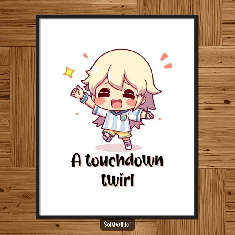 Funny digital art print of a character doing a silly dance after scoring, perfect for instant celebratory decor.