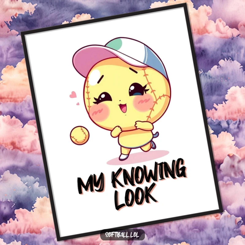 Funny winking softball digital art print, playing catch with a wink, ready to download as a funny gift.