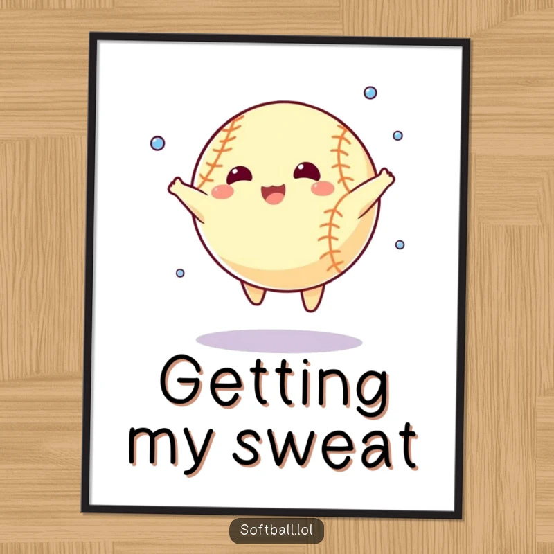 Funny digital art print of a cartoon softball doing a star jump, sweating. High-quality, humorous artwork for instant decor.