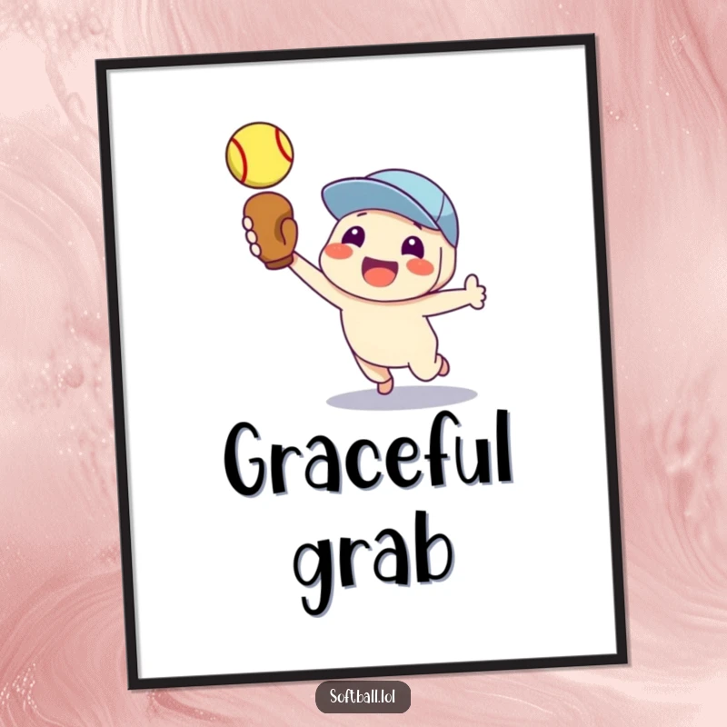 Funny digital art print of a proud character catching a softball, perfect for wall decor.