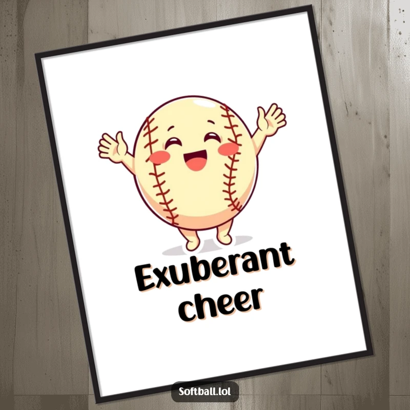 Funny Digital Art Print: A softball character cheers with arms raised, radiating excitement and a joyful, celebratory vibe.