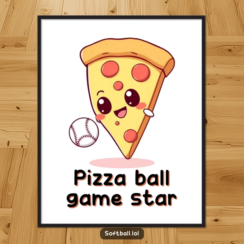 Funny giant pizza slice with googly eyes attempting to catch a baseball, captured as a high-resolution digital art print.