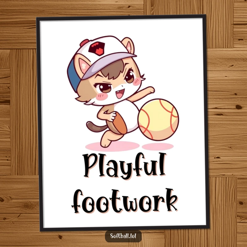 Funny digital art print of a mischievous character dribbling a softball with its foot, perfect for decor.