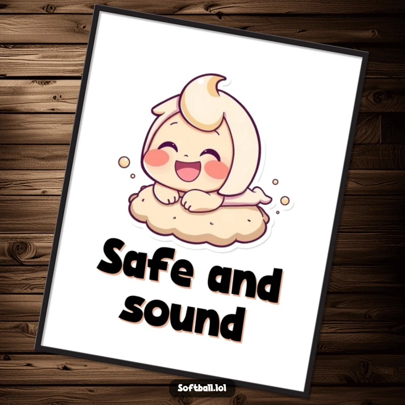 Funny baseball sloth bear digital art print, capturing a thrilling slide into base, ideal for instant sports-themed wall decor.