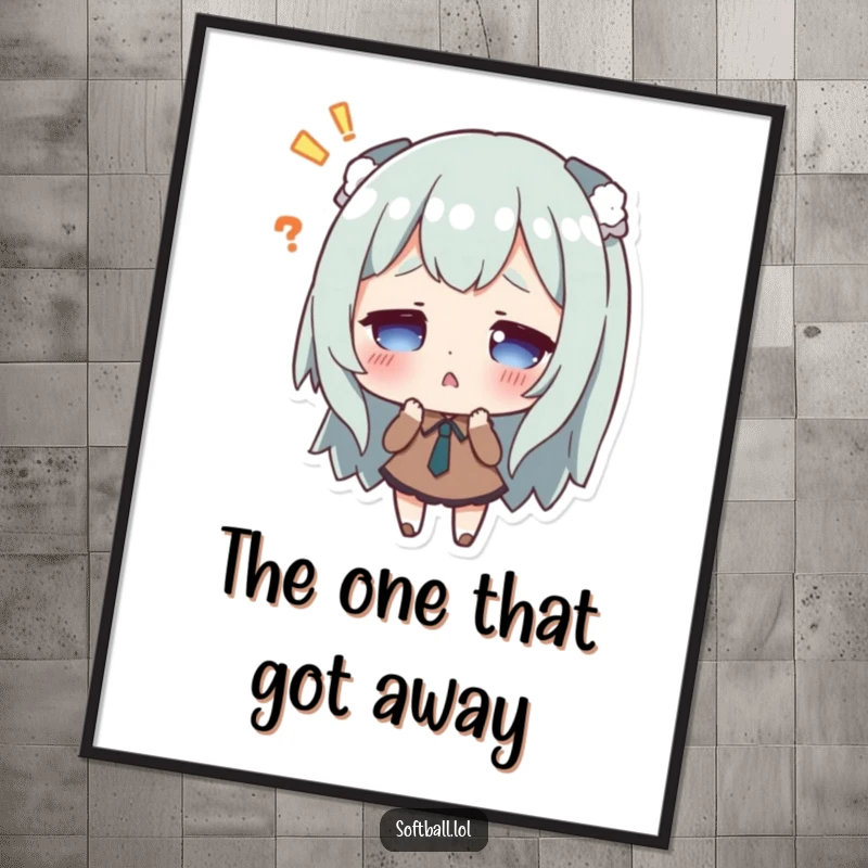 Funny digital art print of a character looking surprised after missing a hit, perfect for instant humorous decor.