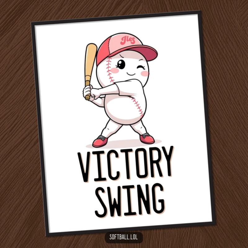 Funny softball digital art print of a confident character in a powerful mid-swing pose, ideal for digital display.