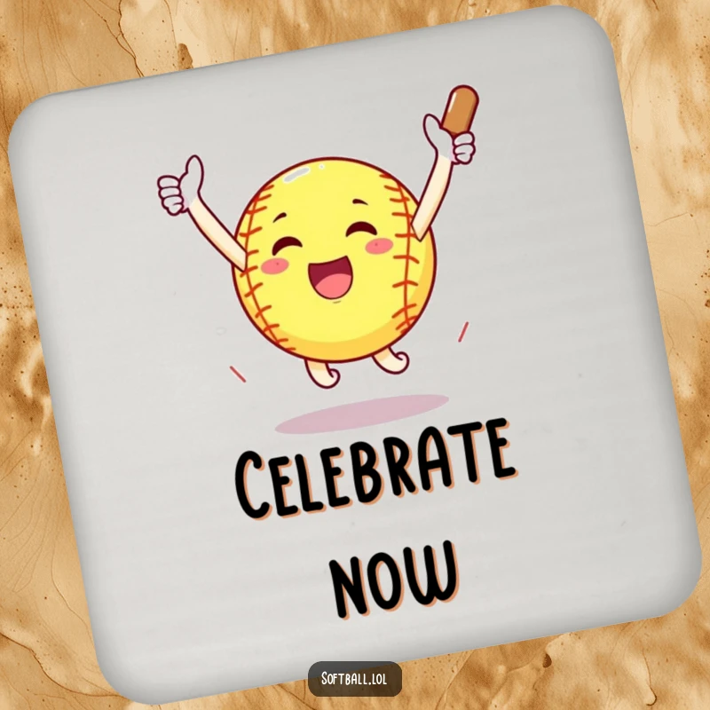 Funny softball arms outstretched celebrating a home run with a jump, humorous drink coasters