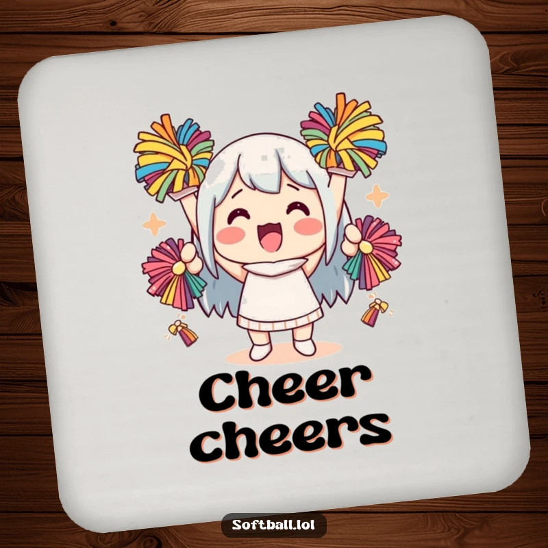 Funny kawaii character drink coaster with a cute character cheering with pom-poms, a spirited and humorous accessory.
