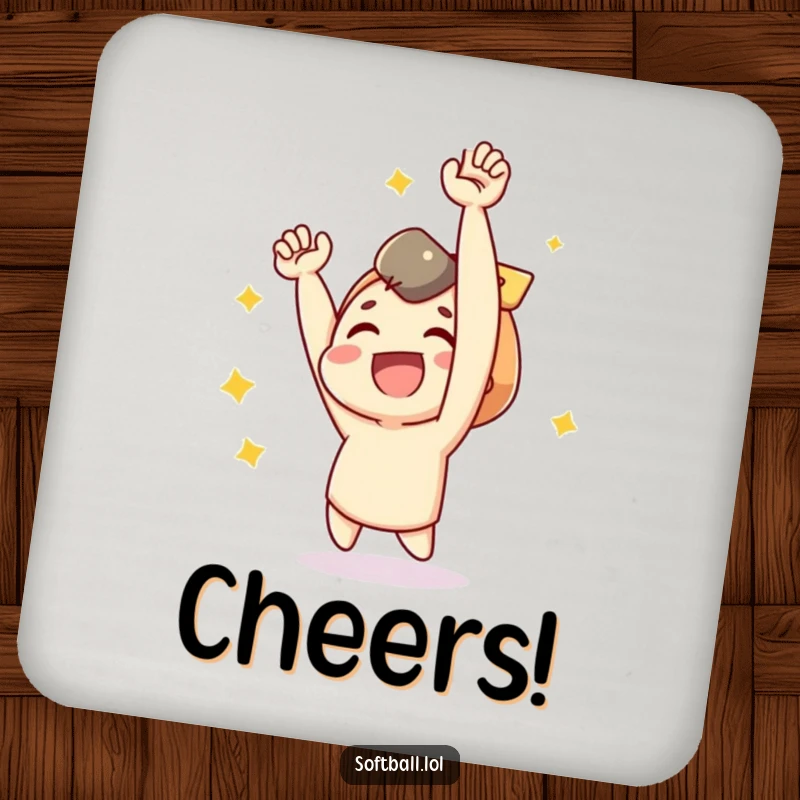 Funny coasters featuring a joyful character cheering after a baseball hit, protecting surfaces.