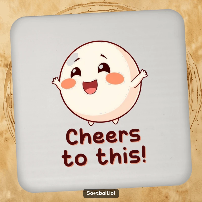 Funny cheerful softball drink coaster with rosy cheeks, cheering, perfect for surface protection and funny gifts.