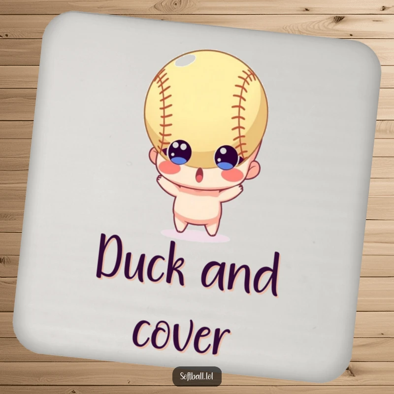 Funny drink coasters featuring a surprised character with wide eyes reacting to a softball, adding sporty humor.