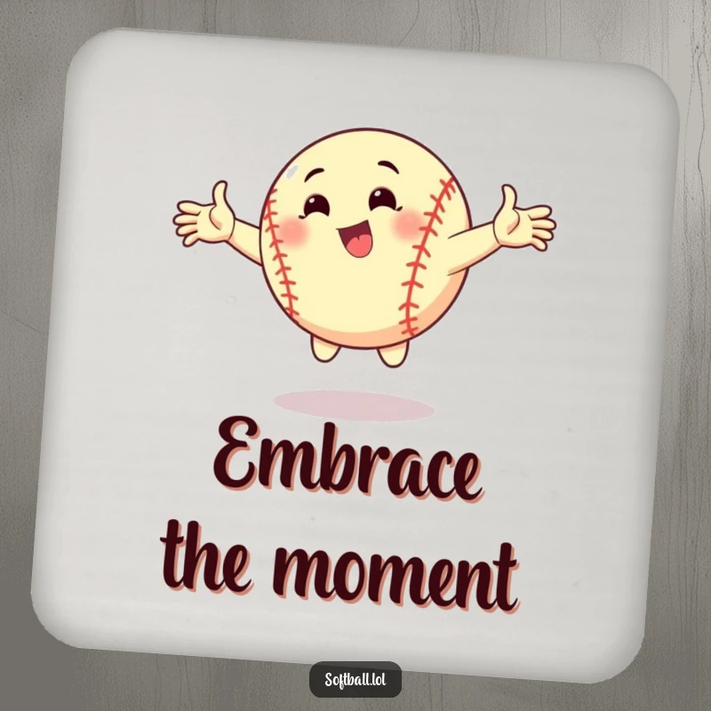 Funny coaster set with a cartoon softball striking a dynamic pose with arms outstretched. Protects surfaces with humorous flair.