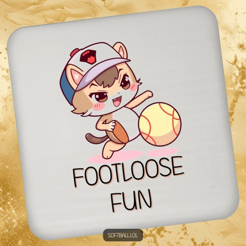 Funny coasters featuring a mischievous character dribbling a softball with its foot, protecting surfaces.