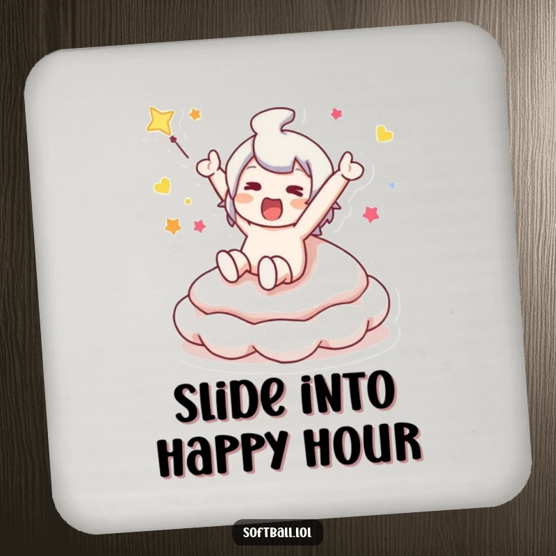 Funny drink coasters depicting a character sliding into a bouncy base, adding a touch of sports humor to any table.