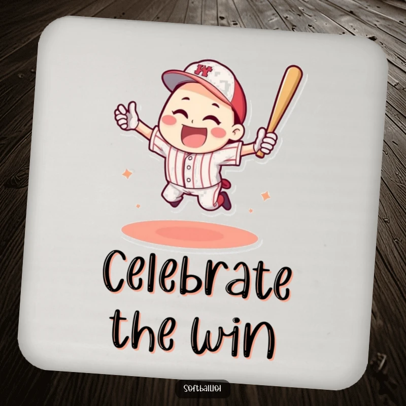 Funny drink coasters featuring a happy character celebrating a baseball home run with a triumphant jump, adding sporty humor.
