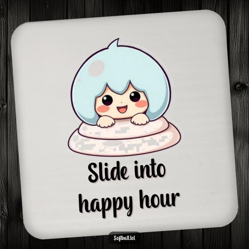 Funny Baseball Sliding Coaster, featuring a smiling kawaii character sliding into a base, perfect for drinks and table protection.