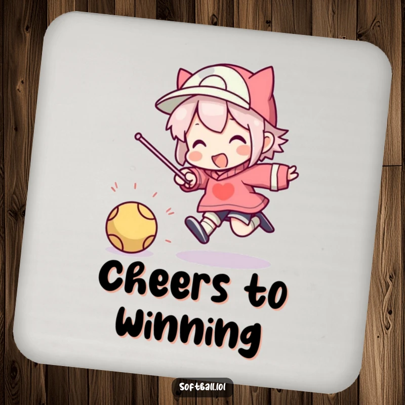 Funny drink coaster featuring a character in a comical, energetic jump after hitting a ball.