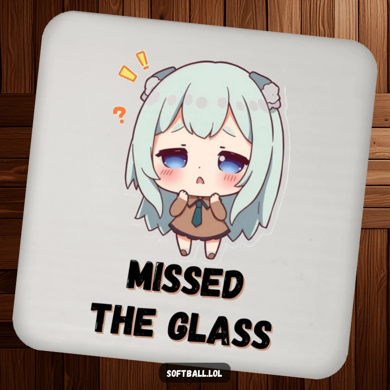 Funny drink coaster showing a surprised character after missing a hit, protecting surfaces with humorous art.