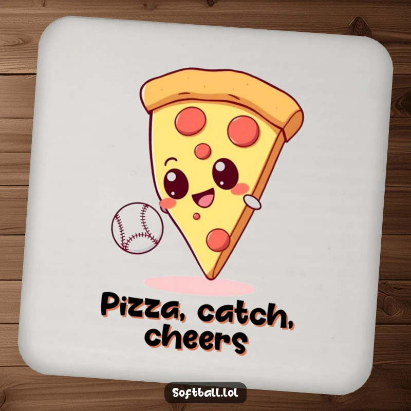 Funny giant pizza slice with googly eyes attempting to catch a baseball on a protective drink coaster, adding food and sports humor.