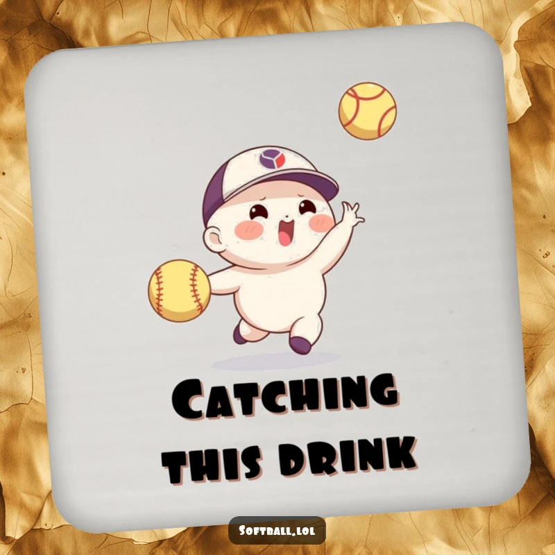 Funny softball drink coasters showcasing an agile character making a skillful catch, offering protection and a humorous athletic display.