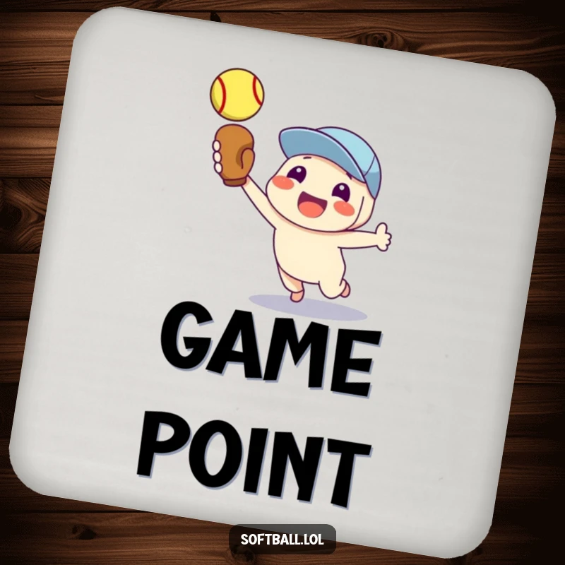 Funny coasters featuring a proud character catching a softball, protecting surfaces with humor.
