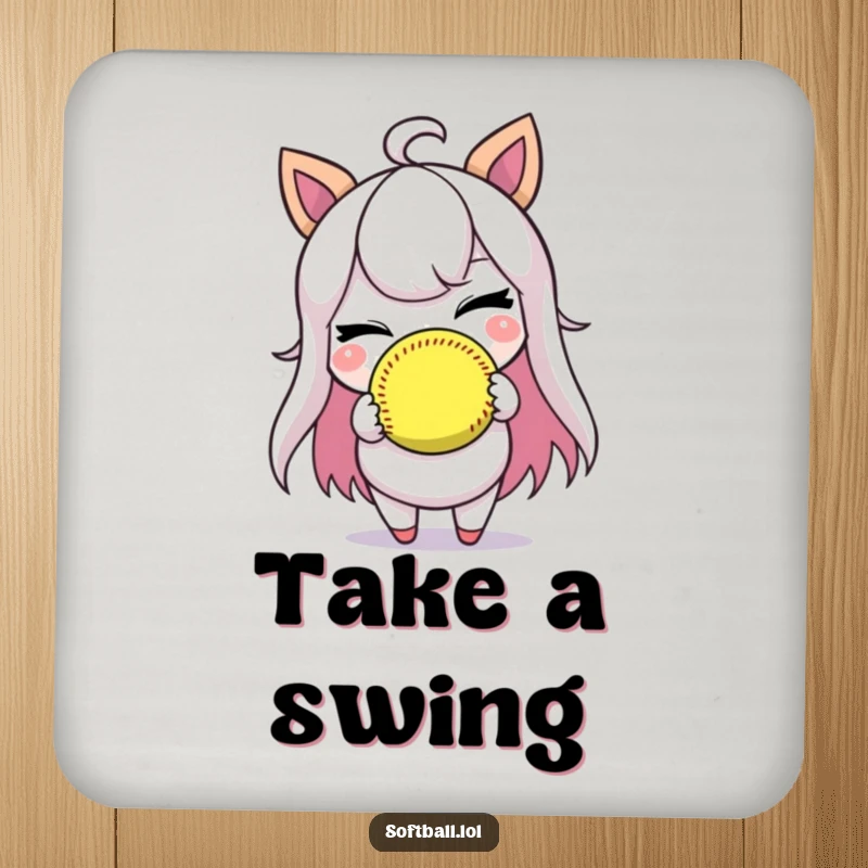 Funny drink coaster featuring a character winking while holding a softball, protecting surfaces with humor.