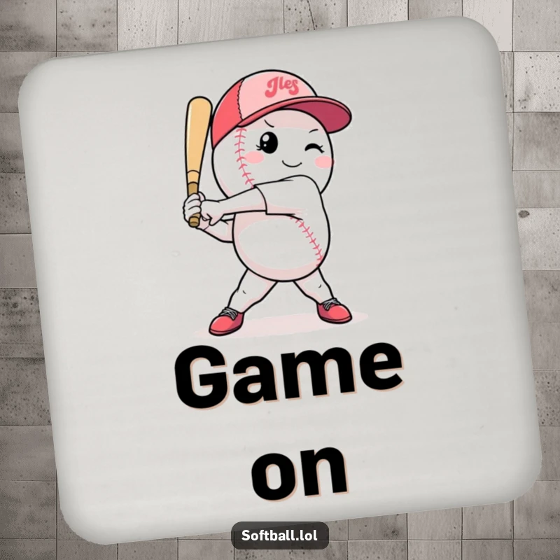 Funny softball coasters featuring a confident character mid-swing, protecting surfaces with athletic humor.